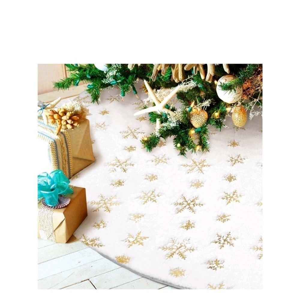Hommtina 48 Inch White Faux Fur Christmas Tree Skirt Gold Sequin Snowflakes s36